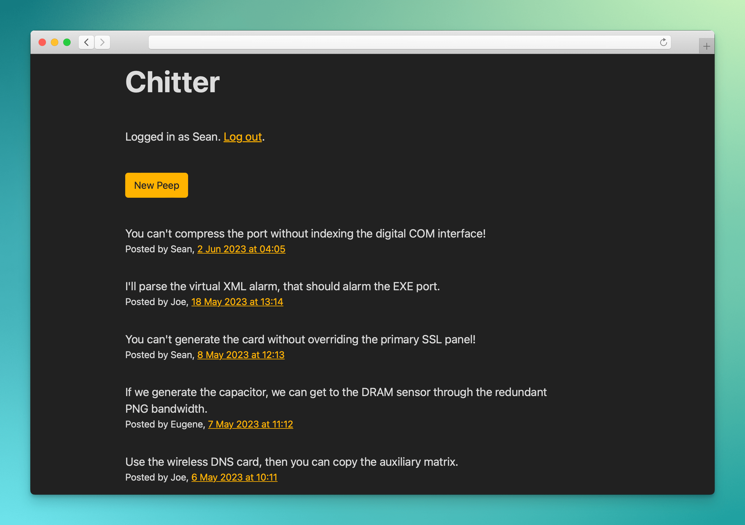 Screenshot of ‘Chitter’, a basic social media feed